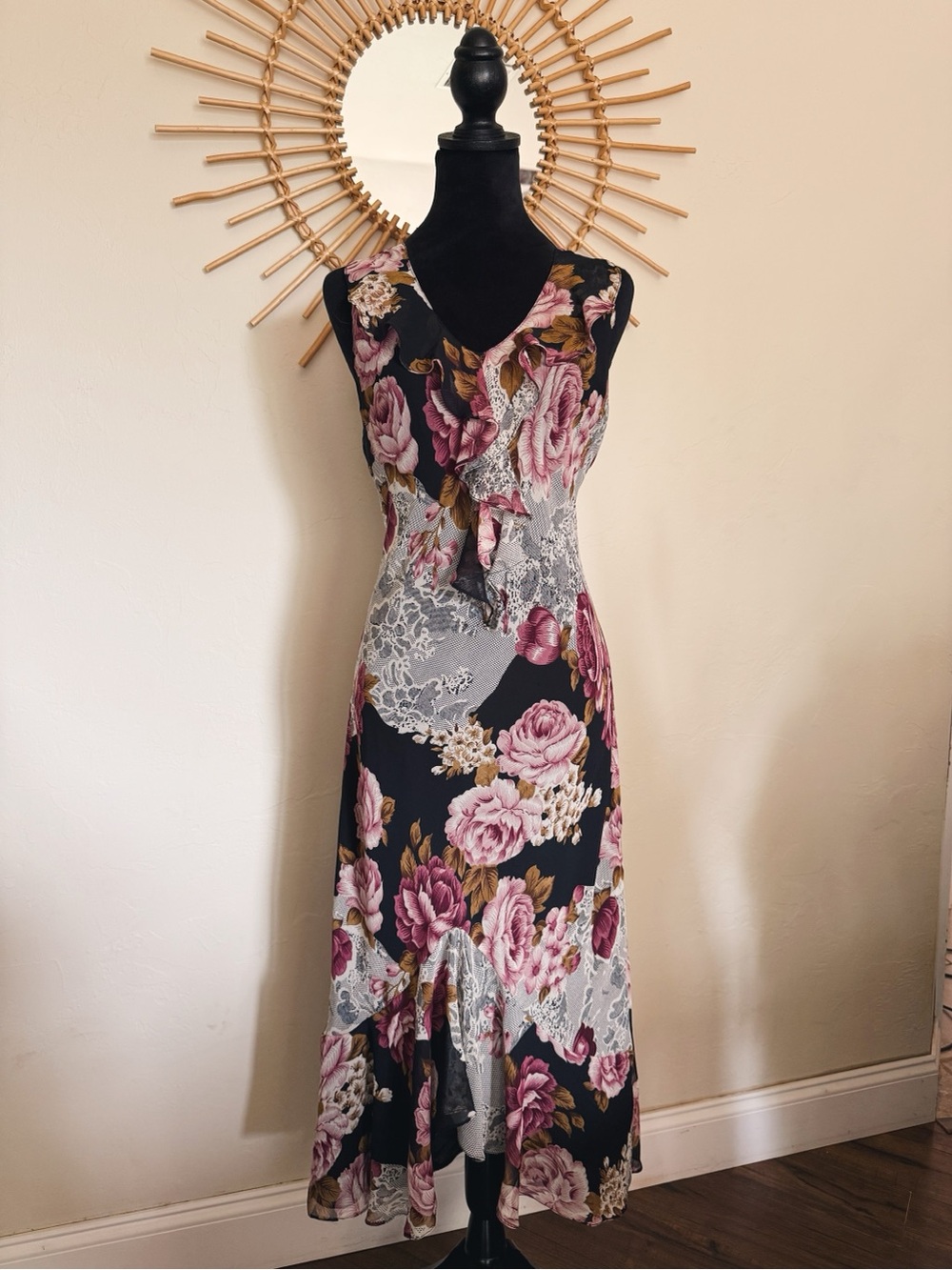 Signature Black Floral Ruffle V-Neck Midi Dress with Pink Roses